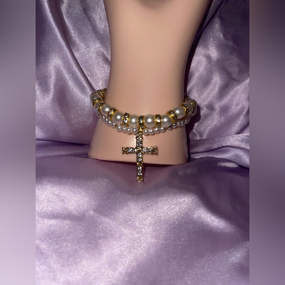 Pearls and cross charm bracelet